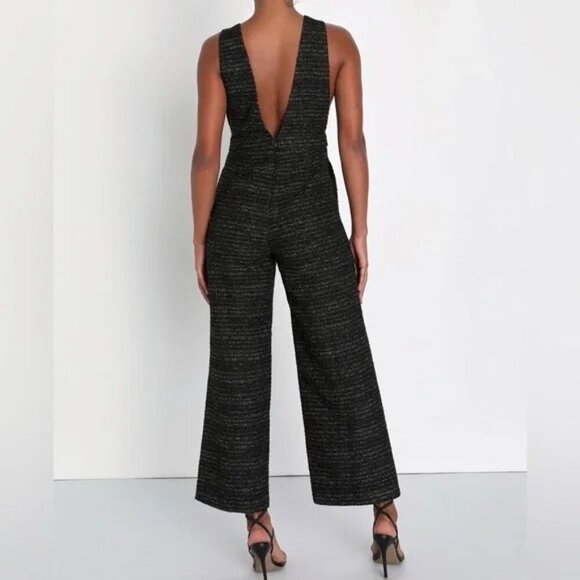 NWT Lulus Officially Exceptional Black Tweed Lurex Wide-Leg Jumpsuit S - Picture 2 of 9